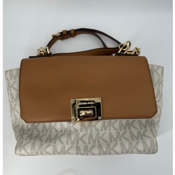 Michael Kors Handbags - Michael Kors Monogram Vanilla Tan Leather Crossbody Bag Gold Hardware